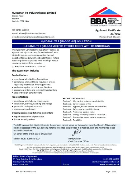 H2Foam Lite E Pitched Roofs HR UNDERLAYS - BBA Certificate