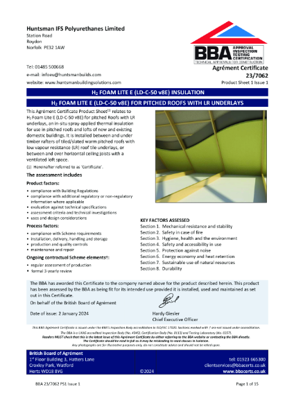 H2Foam Lite E Pitched Roofs LR UNDERLAYS - BBA Certificate