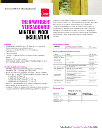 Thermafiber VersaBoard Multipurpose Mineral Wool Insulation Data Sheet