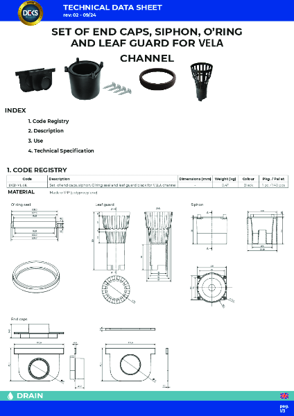 SET OF END CAPS, SIPHON,  ORING AND LEAF GUARD FOR VELA CHANNEL