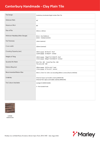 Canterbury Clay Tiles Data Sheet