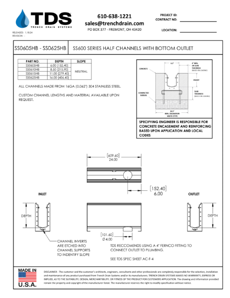 SS600 Series Half Channels with Bottom Outlet