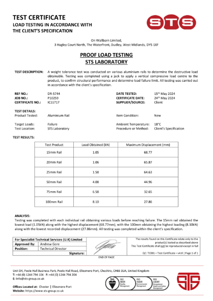 Certification - Aluminium Rails / Joists Maximum Displacement Test
