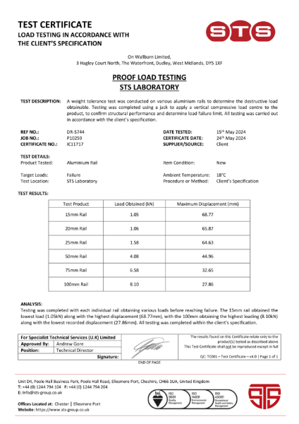 Certification - Aluminium Rails / Joists Load Test