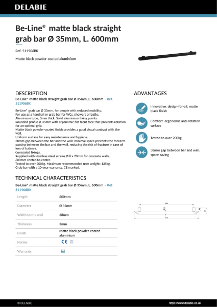 Be-Line® Grab Bars - Black, 600 mm Product Data Sheet