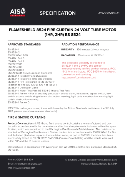 A1S Flameshield 8524 Fire Curtain - Single No Smoke Seals