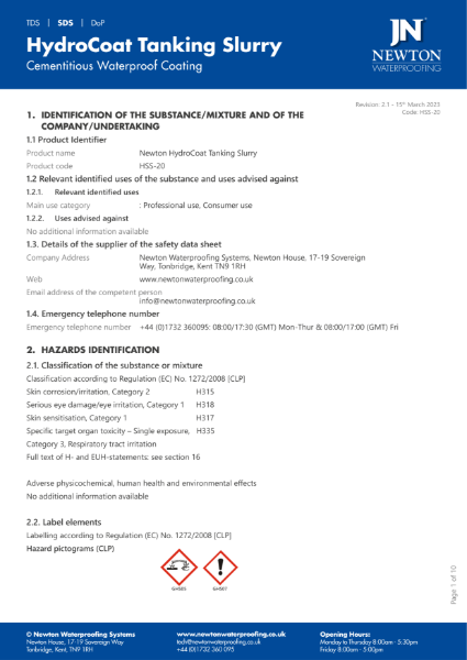 Newton HydroCoat Tanking Slurry SDS