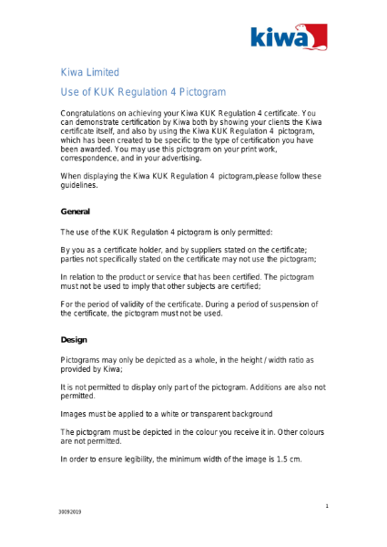Kiwa use of KUK Regulation 4 Pictogram