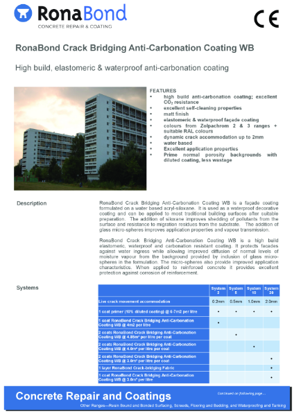 RonaBond Crack Bridging Anti Carbonation Coating WB technical data sheet