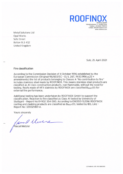 REACTION TO FIRE - CLASSIFICATION REPORT EUI-22-000041