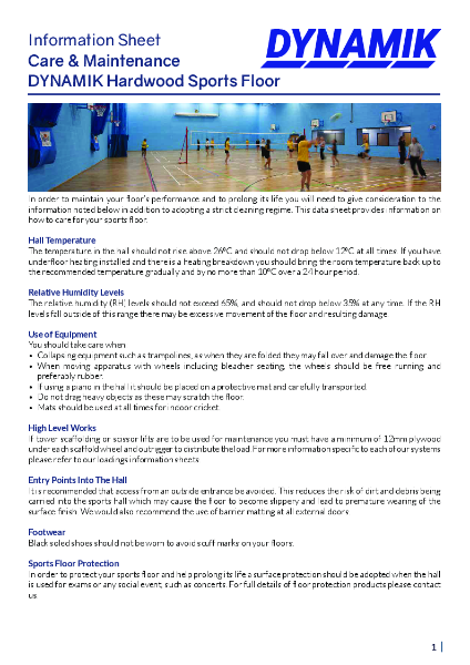 Care & Maintenance of Hardwood Sprung Sports Floors