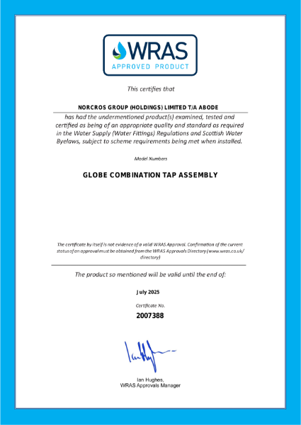 Globe Monobloc WRAS Certificate 