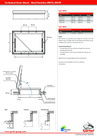 Gorter RHTG glazed and RHTE special size Roof Hatches - Technical Data Sheet