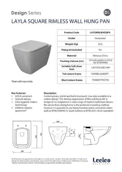 Layla Square Rimless Wall Hung WC Pan