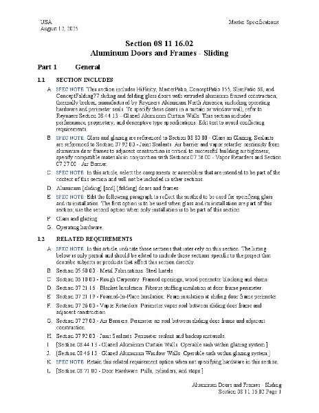 USA - 08 11 16.02 Aluminum Doors and Frames - Sliding