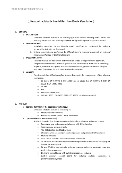 humiSonic ventilation: text for contract specifications