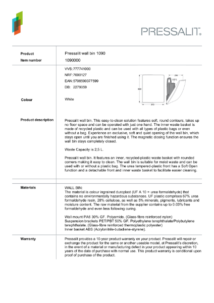 Pressalit 1090000 Wall Bin Datasheet