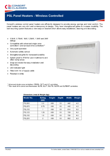 PSL Panel Heater data sheet