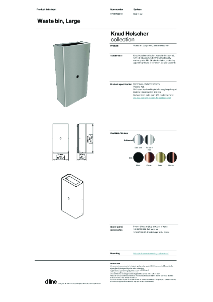 Waste bin f/ touchless paper dispenser (data sheet)
