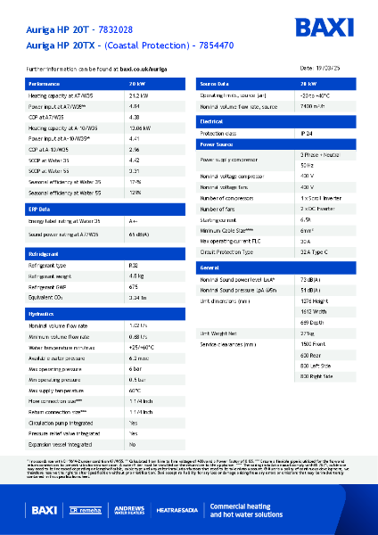 Baxi Auriga HP+ 20T - Technical Data Sheet