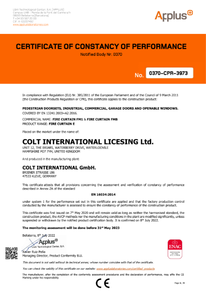 Certificate of constancy of performance - FMB Fire Curtain