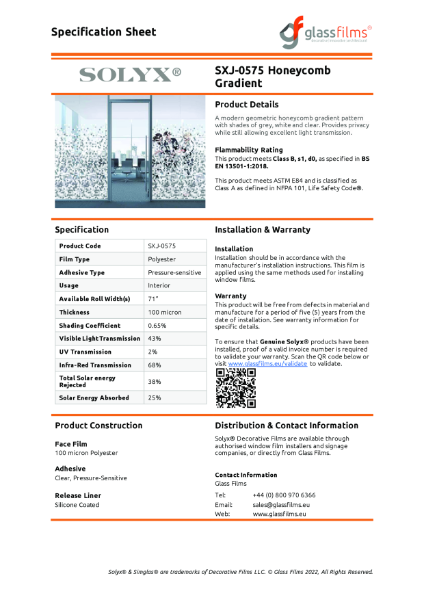 SXJ-0575 Honeycomb Gradient Specification Sheet