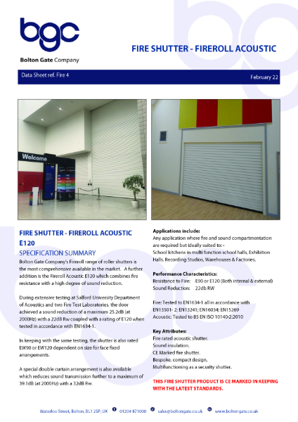 Fire Shutter - Fireroll Acoustic - Acoustic Rated and Fire Resisting Roller Shutter