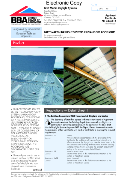 BBA Certificate 04/4114 - In-Plane GRP rooflights