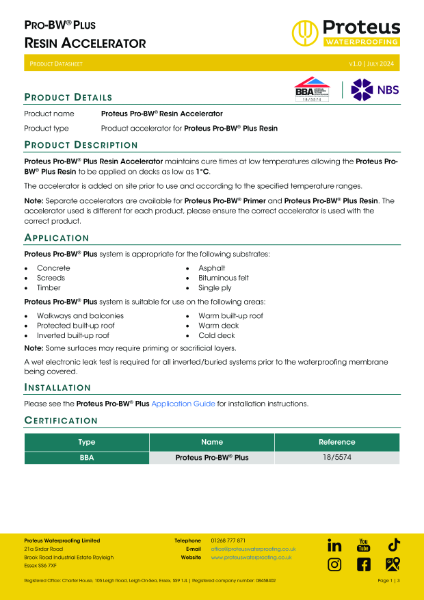 Product Data Sheet - Proteus Pro-BW® Plus Resin Accelerator