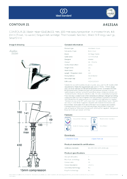 Datasheet - A4131AA CONTOUR 21 | Basin mixer