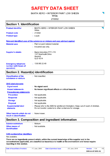 Baxta Xero Interior Paint Safety Data Sheet