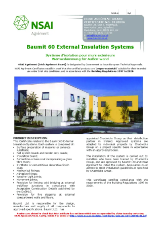 NSAI Agrement Certificate - EPS/MW/Phenolic EWI systems (Masonry)
