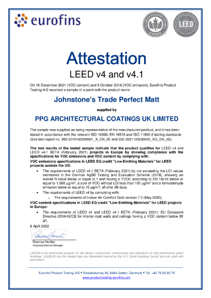 LEED V4 and V4.1 Beat Attestation - Eurofins Product Testing - Johnstone's Trade Perfect Matt