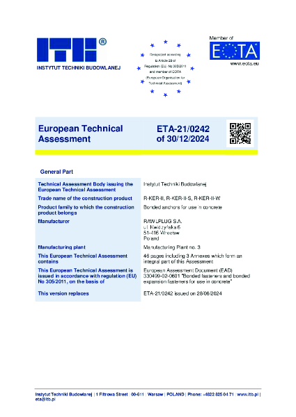 R-KER-II ETA for Threaded Rods,  Threaded Sockets & Rebar as an anchor
