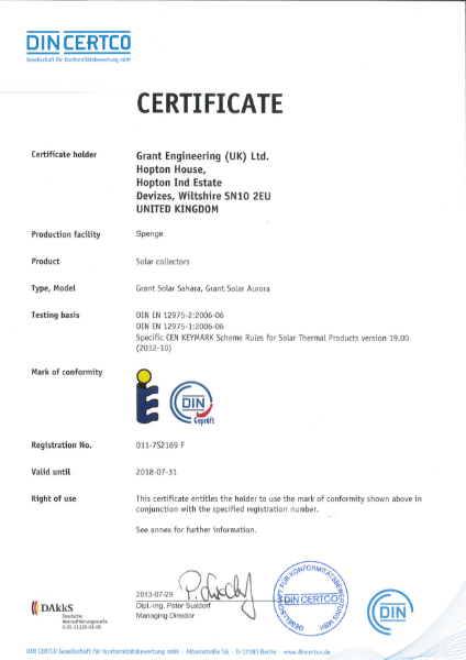 DIN CERTCO Solar Thermal certificate | Grant Engineering (UK) Ltd | NBS ...