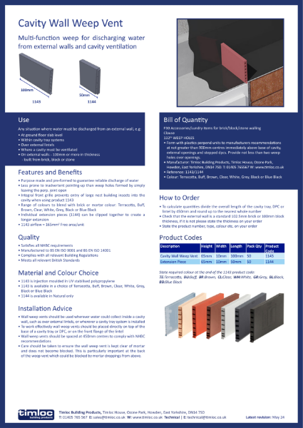 Timloc Building Products Cavity Wall Weep Vent Datasheet