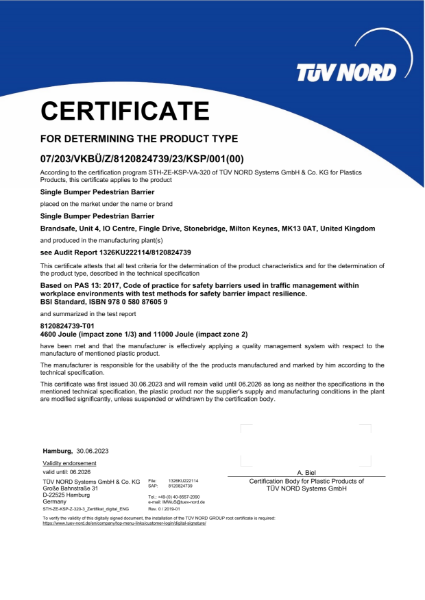 Pedestrian Barrier (Single Bumper) - PAS 13 Test Certificate - TÜV NORD