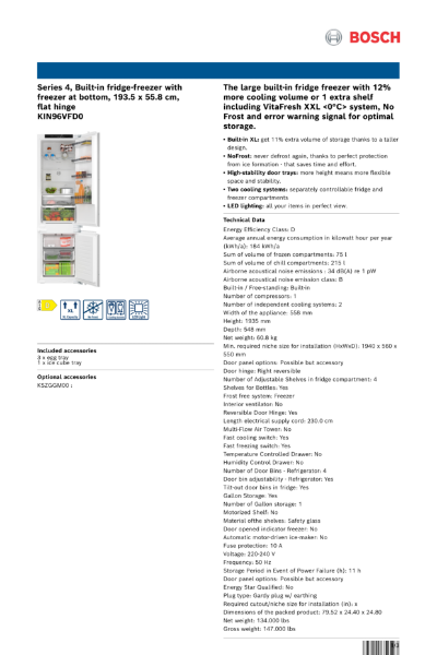 Series 4, Built-in fridge-freezer with
freezer at bottom, 193.5 x 55.8 cm,
flat hinge
KIN96VFD0