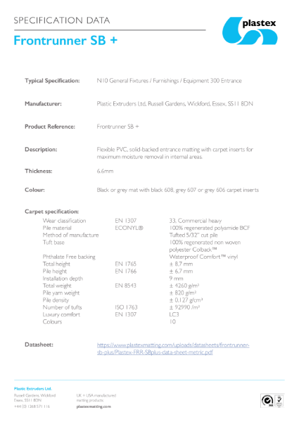 Frontrunner SB Plus Specification Data