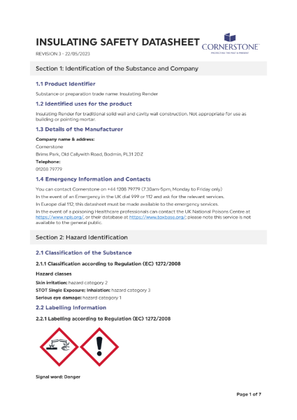 Cornerstone Insulating Render - Safety Datasheet