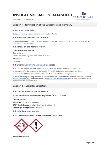 Cornerstone Insulating Render - Safety Data Sheet