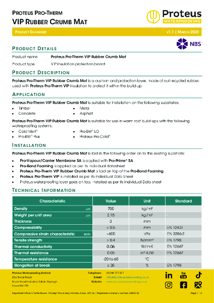 Product Data Sheet - Proteus Pro-Therm VIP Rubber Crumb Mat