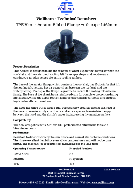 Datasheet - TPE  Vent / Aerator 160mm(H) with PP Cap