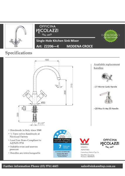 Z2206 Modena croce technical specification.