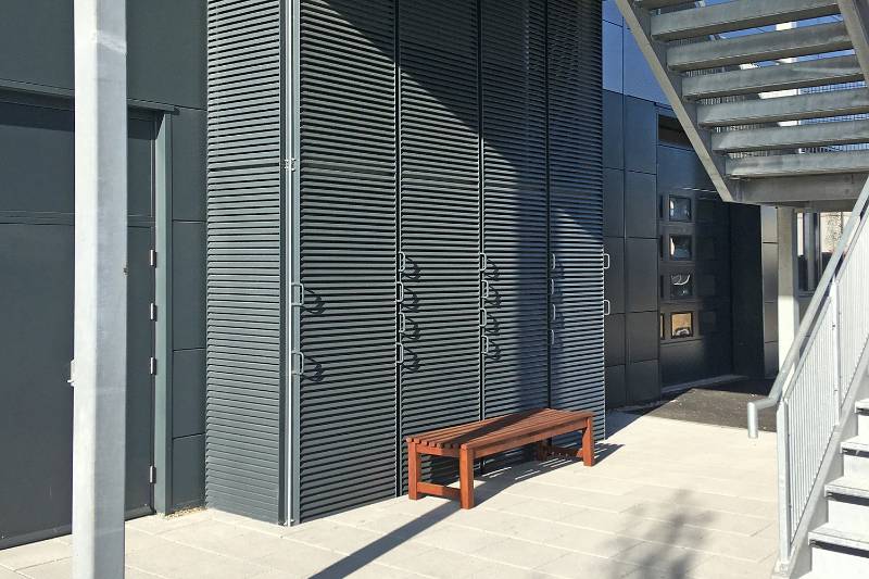 Louvred screening and emergency escape stairs at Milton Business and Technology Park