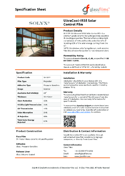 UltraCool-IR35 Solar Control Window Film - Product Data Sheet