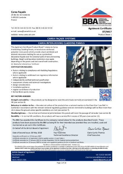 BBA Carea Interlocking panel on subframe certificate 07/4417 Product Sheet 1