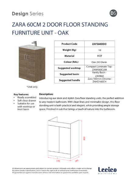 Zara 60 cm 2 Door Floor Standing Unit - Oak