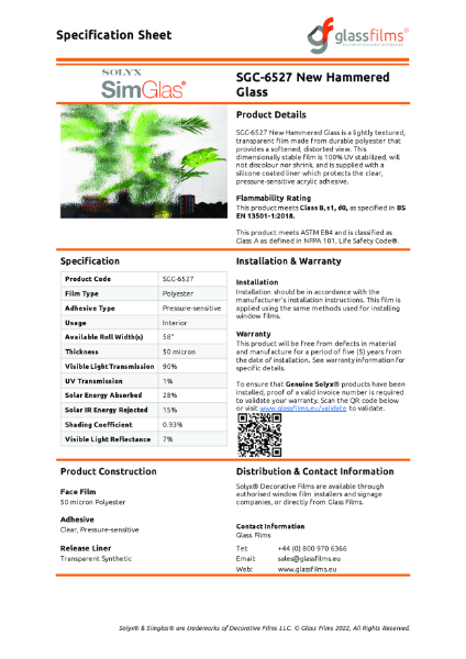 SGC-6527 New Hammered Glass Specification Sheet