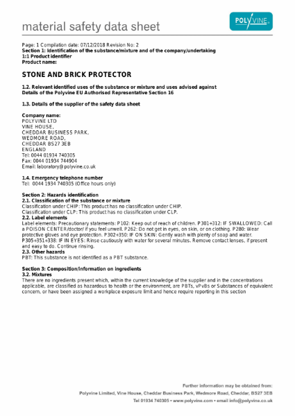 Stone and Brick Protector Material Safety Data Sheet